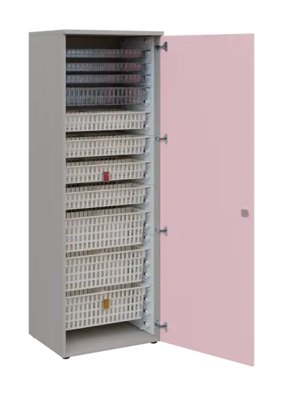 EUROMEDICA D - 66 skříň léková boxová, 1-dveřová, pravá, 1950x660x535, korpus šedý, dvířka pastelově růžová